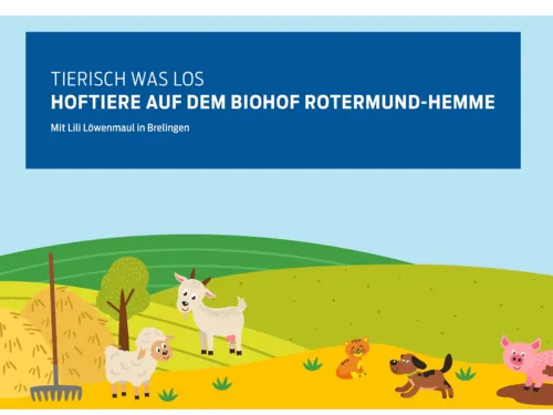 Kindliche Zeichnung von Schaf, Ziege, Katze, Hund und Schwein sowie Misthaufen und Landschaft